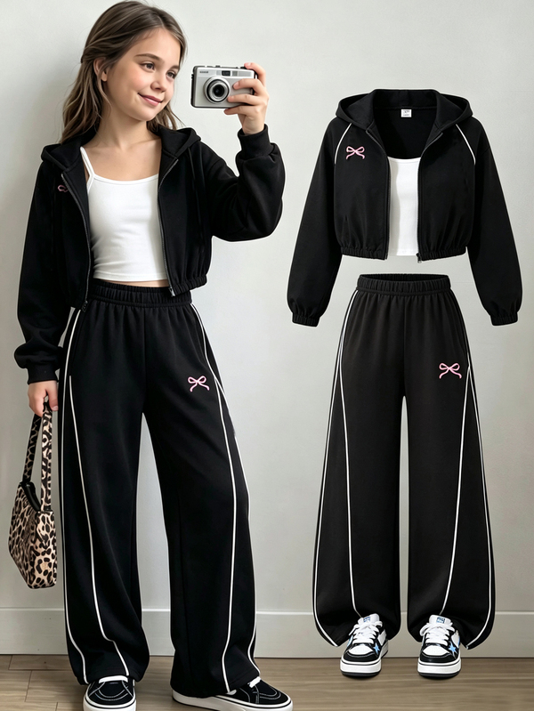 SHEIN مجموعة 3 قطع ملابس بنات بطبعة فراشة حلوة وباردة، هودي أسود قصير بسحاب + توب كاميسول أبيض + بنطلون أسود واسع الساق، مجموعة ملابس كاجوال للبنات الكبيرات