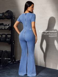 Flexra Plus Size Fashion Versatile Flared Denim Jumpsuit - Blue - View 2