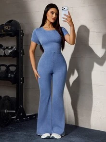 Flexra Plus Size Fashion Versatile Flared Denim Jumpsuit - Blue - View 5