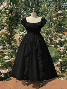 SHEIN MOD 大尺碼女款經典優雅星空法式黑色方領荷葉邊百褶抽繩洋裝 晚禮服 度假婚禮賓客夏季穿搭 - 黑色 - 查看 3