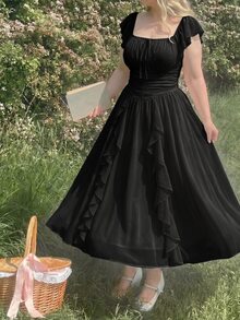 SHEIN MOD 大尺碼女款經典優雅星空法式黑色方領荷葉邊百褶抽繩洋裝 晚禮服 度假婚禮賓客夏季穿搭 - 黑色 - 查看 2