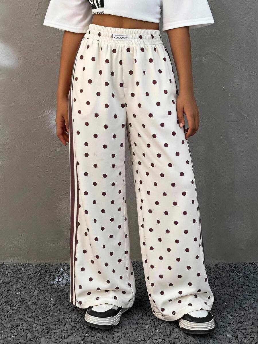 Celana Panjang Kasual Anak Perempuan Motif Polkadot dengan Desain Huruf di Pinggang - Aprikot - View 1