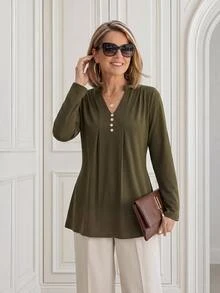 Miaspire Elegant Business Chic, Pleated Button Up, Work Tops Tee, Soft Fabric, Olive Green, Loose Fit A-Line, Office Work, Festival, Fall Winter - Army Green - View 8