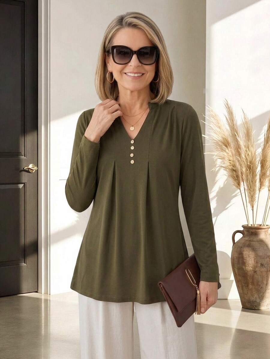 Miaspire Elegant Business Chic, Pleated Button Up, Work Tops Tee, Soft Fabric, Olive Green, Loose Fit A-Line, Office Work, Festival, Fall Winter