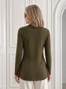 Miaspire Elegant Business Chic, Pleated Button Up, Work Tops Tee, Soft Fabric, Olive Green, Loose Fit A-Line, Office Work, Festival, Fall Winter - Army Green - View 3