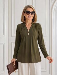 Miaspire Elegant Business Chic, Pleated Button Up, Work Tops Tee, Soft Fabric, Olive Green, Loose Fit A-Line, Office Work, Festival, Fall Winter - Army Green - View 7