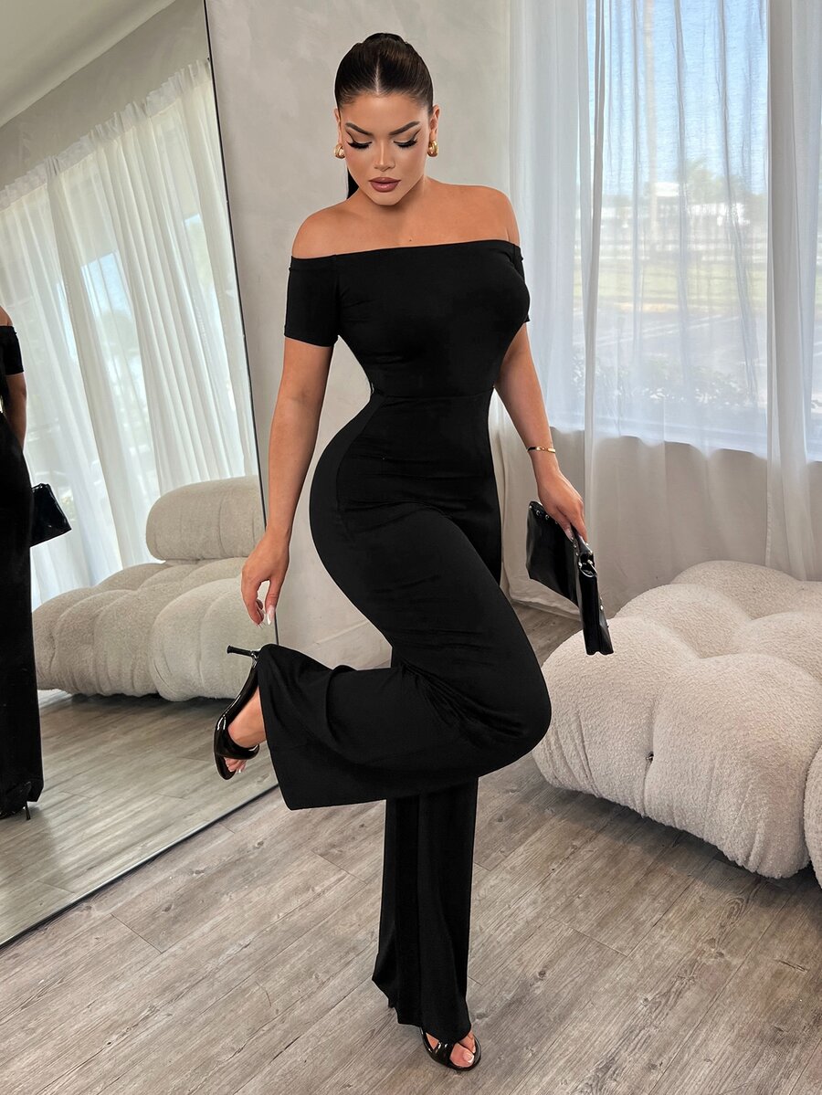SHEIN SXY Women's Solid Color Off-Shoulder Short Sleeve Casual Fashion Jumpsuit - Black - View 1