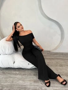 SHEIN SXY Women's Solid Color Off-Shoulder Short Sleeve Casual Fashion Jumpsuit - Black - View 3