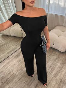 SHEIN SXY Women's Solid Color Off-Shoulder Short Sleeve Casual Fashion Jumpsuit - Black - View 4