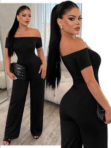 SHEIN SXY Women's Solid Color Off-Shoulder Short Sleeve Casual Fashion Jumpsuit - Black - View 6
