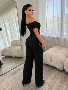 SHEIN SXY Women's Solid Color Off-Shoulder Short Sleeve Casual Fashion Jumpsuit - Black - View 2