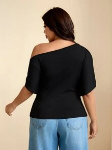 SHEIN LUNE CURVE Camiseta de talla grande de unicolor minimalista casual elegante con hombro asimétrico y lazo fruncido para uso diario formal noche negro verano - Negro - Ver 2