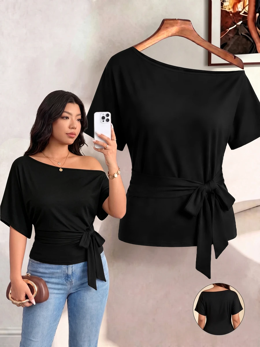 SHEIN LUNE CURVE Camiseta de talla grande de unicolor minimalista casual elegante con hombro asimétrico y lazo fruncido para uso diario formal noche negro verano - Negro - Ver 1