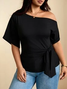 SHEIN LUNE CURVE Camiseta de talla grande de unicolor minimalista casual elegante con hombro asimétrico y lazo fruncido para uso diario formal noche negro verano - Negro - Ver 4