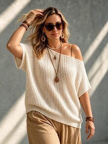 Ceyna Plus Size Women's Fashion Asymmetrical Shoulder Short Sleeve Hollow Out Pullover Sweater, Spring/Summer Minimalist Casual Apricot Top Fall - Apricot - View 8