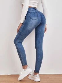 EMERY ROSE Quần jean nữ Nút Túi Bị tách Dây kéo màu trơn - Rửa trung bình - Xem 2