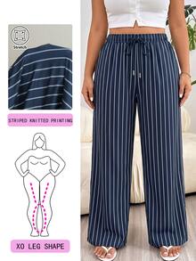 Solflare Plus Size Women's Striped Wide Leg Loose Casual Long Pants With Waist Tie - Blue and White - View 1