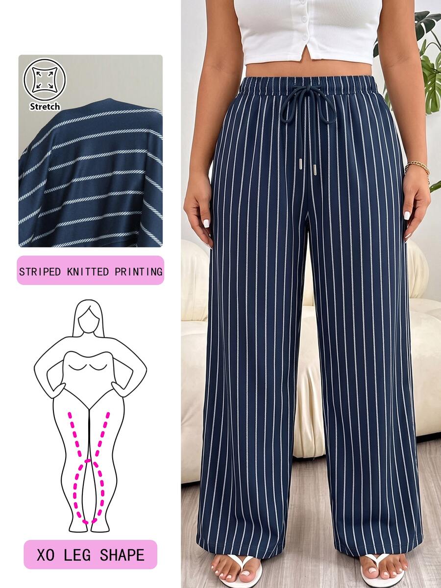 Solflare Plus Size Women's Striped Wide Leg Loose Casual Long Pants With Waist Tie - Blue and White - View 1