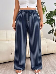 Solflare Plus Size Women's Striped Wide Leg Loose Casual Long Pants With Waist Tie - Blue and White - View 6