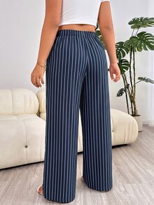 Solflare Plus Size Women's Striped Wide Leg Loose Casual Long Pants With Waist Tie - Blue and White - View 2