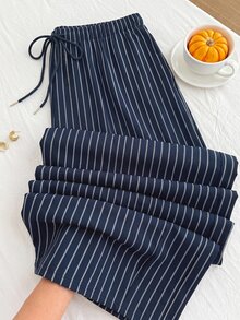 Solflare Plus Size Women's Striped Wide Leg Loose Casual Long Pants With Waist Tie - Blue and White - View 7