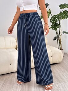Solflare Plus Size Women's Striped Wide Leg Loose Casual Long Pants With Waist Tie - Blue and White - View 4