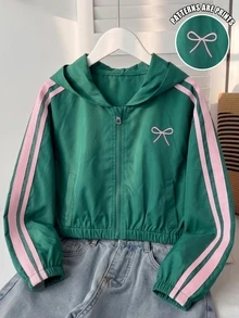 SHEIN 青少年女孩秋季服飾 綠色連帽蝴蝶結圖案拼接拉鍊休閒百搭長袖短版寬鬆保暖外套，秋季返校穿搭 - 綠色 - 查看 3