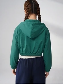 SHEIN 青少年女孩秋季服飾 綠色連帽蝴蝶結圖案拼接拉鍊休閒百搭長袖短版寬鬆保暖外套，秋季返校穿搭 - 綠色 - 查看 2