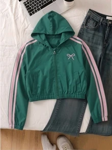 SHEIN 青少年女孩秋季服飾 綠色連帽蝴蝶結圖案拼接拉鍊休閒百搭長袖短版寬鬆保暖外套，秋季返校穿搭 - 綠色 - 查看 4