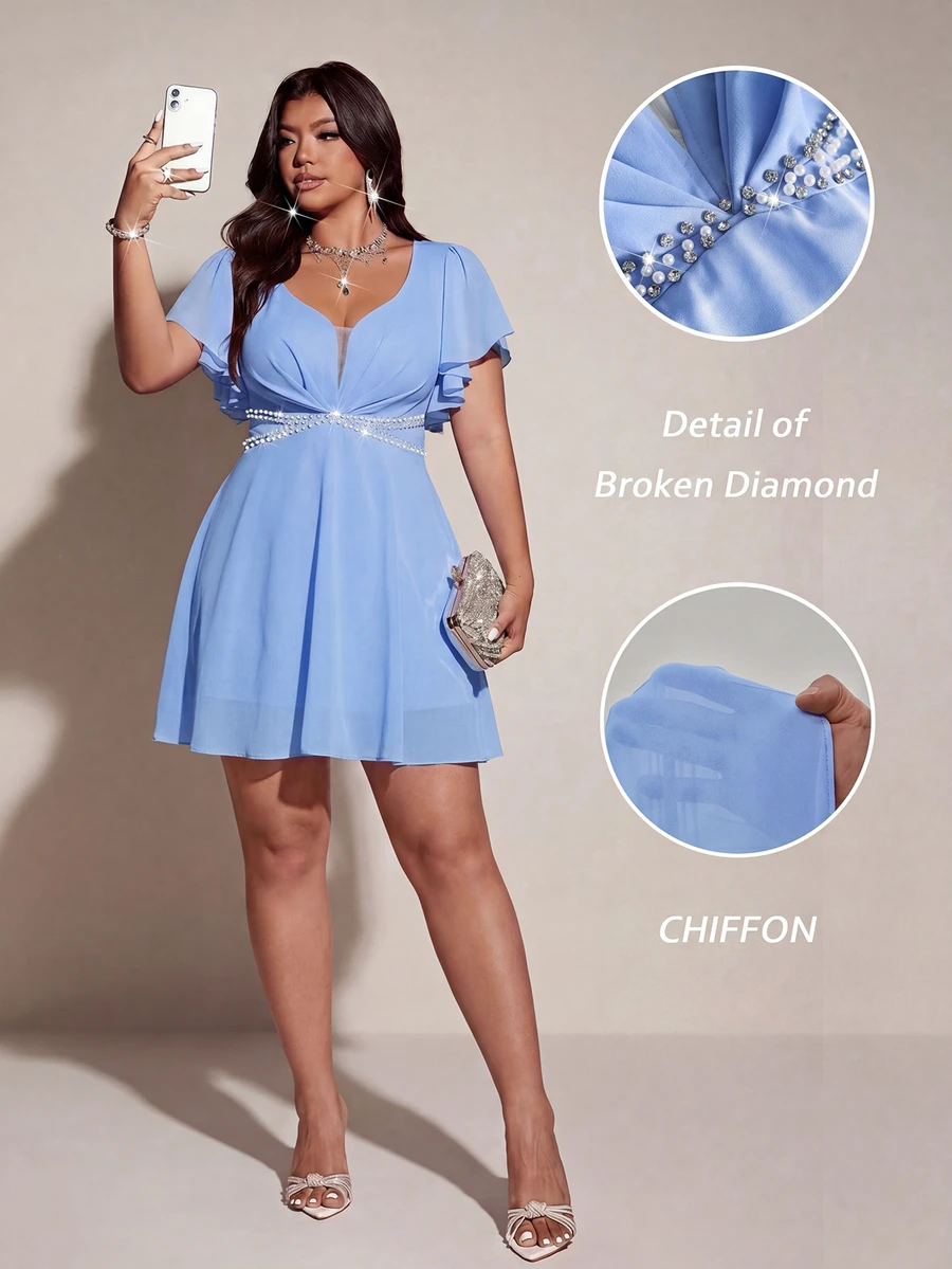 Viva Relle Plus Size Women's Baby Blue Summer Curve Elegant Cocktail Evening Party Dress Fit Flare Mini Chiffon With Rhinestones Pearls Ruffle Wedding - Blue - View 1