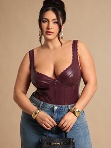 SHEIN BAE 大码女式酒红色蕾丝PU胸衣，鱼骨连体衣 - 酒紅色 - 查看 4