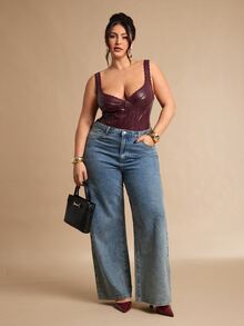SHEIN BAE 大码女式酒红色蕾丝PU胸衣，鱼骨连体衣 - 酒紅色 - 查看 2
