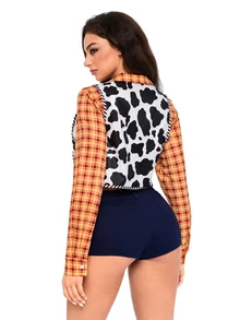 ROMWE Anime Women's 3-Piece Set Plaid Shirt Cow Print Vest Super Short Shorts Street Style Cosplay - Yellow - View 6