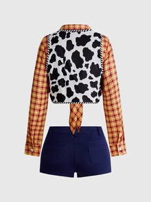 ROMWE Anime Women's 3-Piece Set Plaid Shirt Cow Print Vest Super Short Shorts Street Style Cosplay - Yellow - View 9