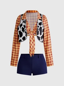 ROMWE Anime Women's 3-Piece Set Plaid Shirt Cow Print Vest Super Short Shorts Street Style Cosplay - Yellow - View 2