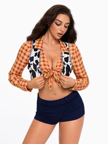 ROMWE Anime Women's 3-Piece Set Plaid Shirt Cow Print Vest Super Short Shorts Street Style Cosplay - Yellow - View 7