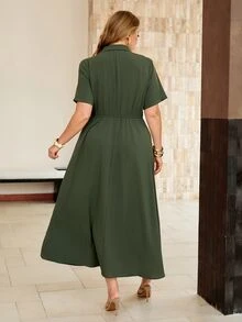 Roveilla Women's Spring/Summer Army Green Distressed Crinkled French Style Elegant Sophisticated Office Commute Casual Vacation Romantic High-End Beach Party Afternoon Tea Elastic Waist A-Line Blazer Lapel V-Neck Sexy Shoulder Short Sleeve Long Dress - Army Green - View 2