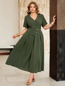 Roveilla Women's Spring/Summer Army Green Distressed Crinkled French Style Elegant Sophisticated Office Commute Casual Vacation Romantic High-End Beach Party Afternoon Tea Elastic Waist A-Line Blazer Lapel V-Neck Sexy Shoulder Short Sleeve Long Dress - Army Green - View 4