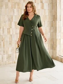Roveilla Women's Spring/Summer Army Green Distressed Crinkled French Style Elegant Sophisticated Office Commute Casual Vacation Romantic High-End Beach Party Afternoon Tea Elastic Waist A-Line Blazer Lapel V-Neck Sexy Shoulder Short Sleeve Long Dress - Army Green - View 6