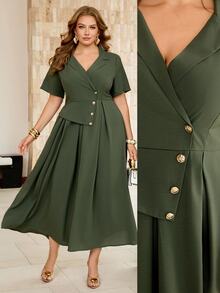 Roveilla Women's Spring/Summer Army Green Distressed Crinkled French Style Elegant Sophisticated Office Commute Casual Vacation Romantic High-End Beach Party Afternoon Tea Elastic Waist A-Line Blazer Lapel V-Neck Sexy Shoulder Short Sleeve Long Dress - Army Green - View 1