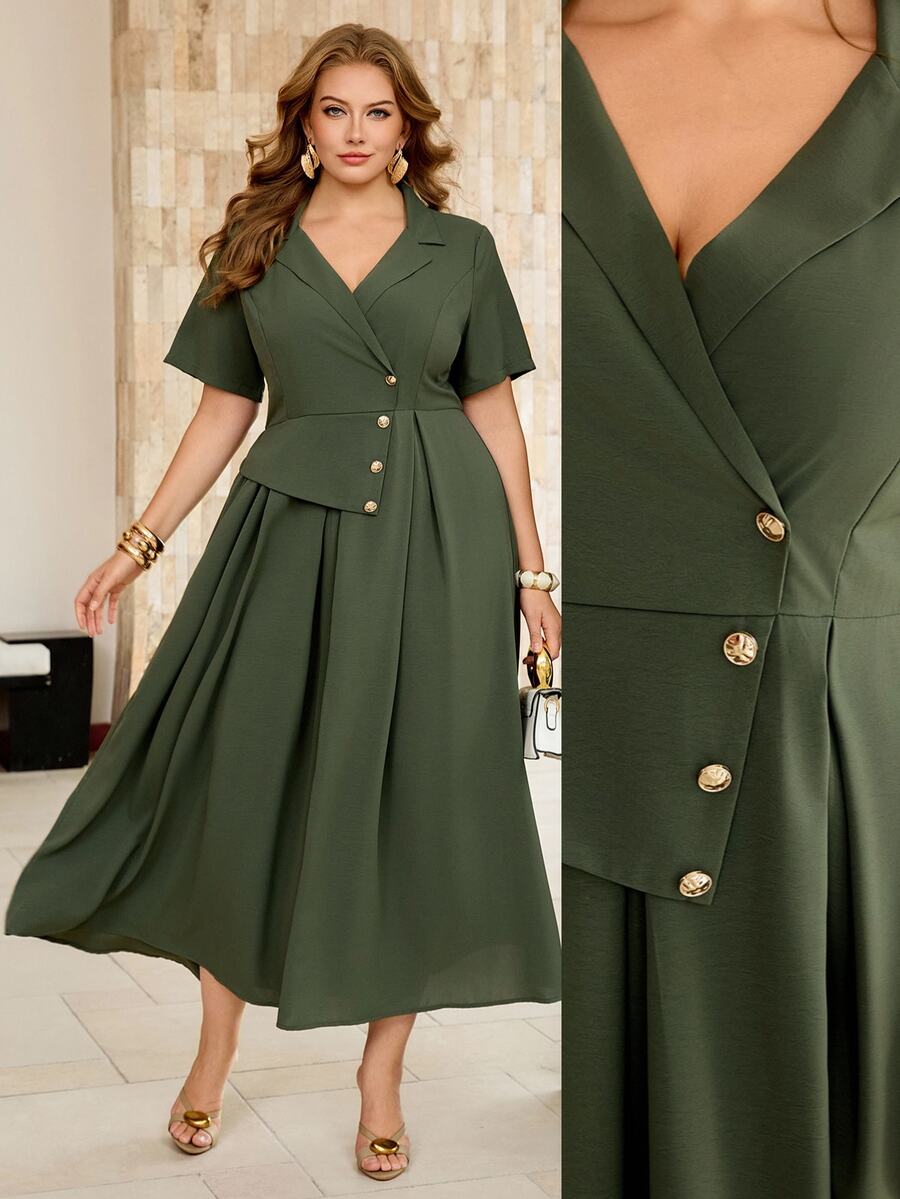 Roveilla Women's Spring/Summer Army Green Distressed Crinkled French Style Elegant Sophisticated Office Commute Casual Vacation Romantic High-End Beach Party Afternoon Tea Elastic Waist A-Line Blazer Lapel V-Neck Sexy Shoulder Short Sleeve Long Dress - Army Green - View 1