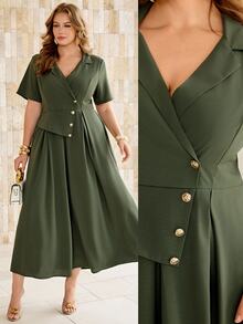 Roveilla Women's Spring/Summer Army Green Distressed Crinkled French Style Elegant Sophisticated Office Commute Casual Vacation Romantic High-End Beach Party Afternoon Tea Elastic Waist A-Line Blazer Lapel V-Neck Sexy Shoulder Short Sleeve Long Dress - Army Green - View 8