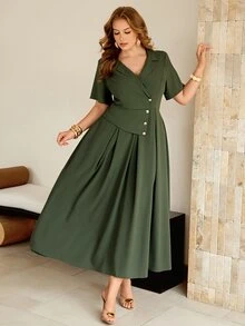 Roveilla Women's Spring/Summer Army Green Distressed Crinkled French Style Elegant Sophisticated Office Commute Casual Vacation Romantic High-End Beach Party Afternoon Tea Elastic Waist A-Line Blazer Lapel V-Neck Sexy Shoulder Short Sleeve Long Dress - Army Green - View 7