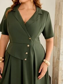 Roveilla Women's Spring/Summer Army Green Distressed Crinkled French Style Elegant Sophisticated Office Commute Casual Vacation Romantic High-End Beach Party Afternoon Tea Elastic Waist A-Line Blazer Lapel V-Neck Sexy Shoulder Short Sleeve Long Dress - Army Green - View 9