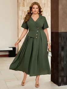 Roveilla Women's Spring/Summer Army Green Distressed Crinkled French Style Elegant Sophisticated Office Commute Casual Vacation Romantic High-End Beach Party Afternoon Tea Elastic Waist A-Line Blazer Lapel V-Neck Sexy Shoulder Short Sleeve Long Dress - Army Green - View 3