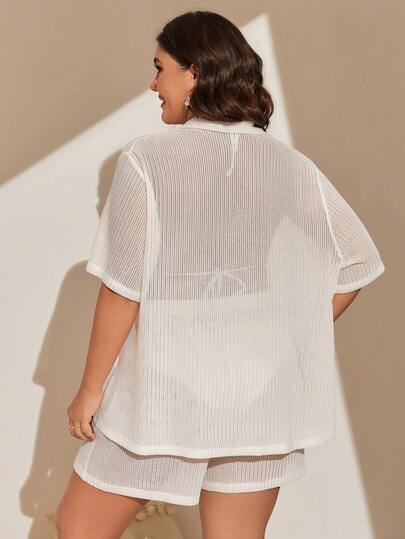 SHEIN Swim Curve 2 件/套加大尺碼純色休閒罩衫婚禮