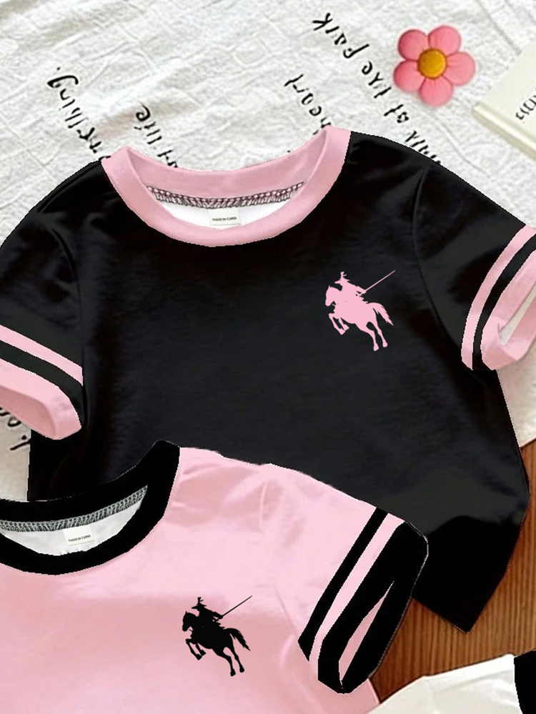 SHEIN 3pcs/Set Girls Toddler Digital Print Short Sleeve Round Neck T-Shirts, Spring/Summer - Multicolor - View 4
