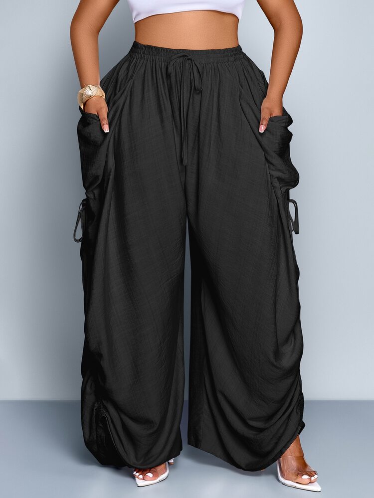 SOLERSUN Plus Size Women's Solid Color Waist Tie Pocket Wide Leg Loose Casual Pants Fall - Black - View 5