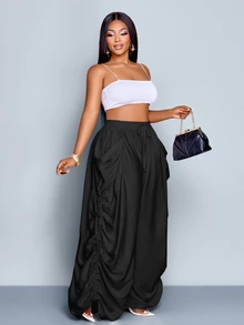 SOLERSUN Plus Size Women's Solid Color Waist Tie Pocket Wide Leg Loose Casual Pants Fall - Black - View 4