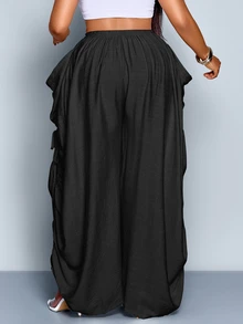 SOLERSUN Plus Size Women's Solid Color Waist Tie Pocket Wide Leg Loose Casual Pants Fall - Black - View 2
